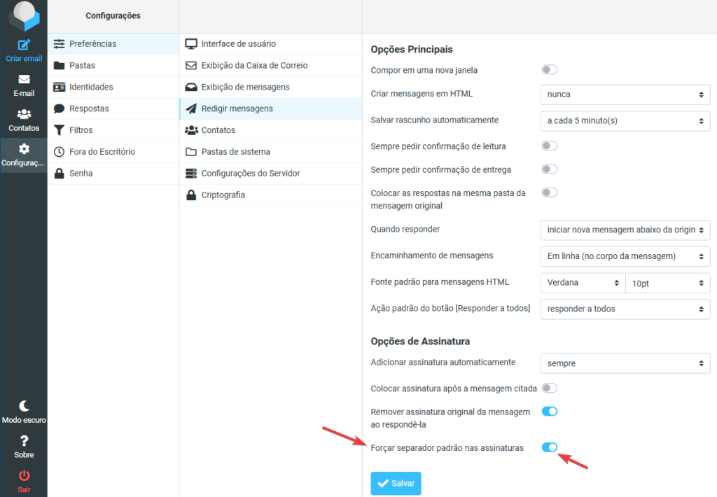 separador padrão na assinatura webmail roundcube